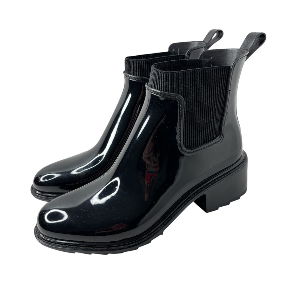 A New Day Camille heeled Chelsea rain Boots black shiny waterproof Size 8 NWOB